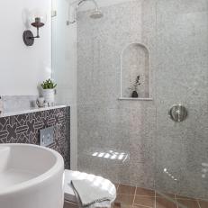 Modern Bath With Pebble Tile Walk-In Shower