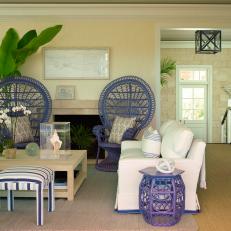 Tropical Sitting Room Wows With Blue Bohemian Peacock Chairs