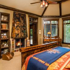 Master Bedroom With Unique Fireplace In Rustic North Carolina Mountain Retreat 