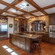 Luxurious Mountain Kitchen With Intricate Exposed-Beam Ceiling