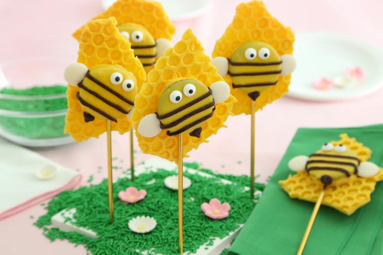 Bumblebee Candy-Dipped Cookies Styled on a Spring Table