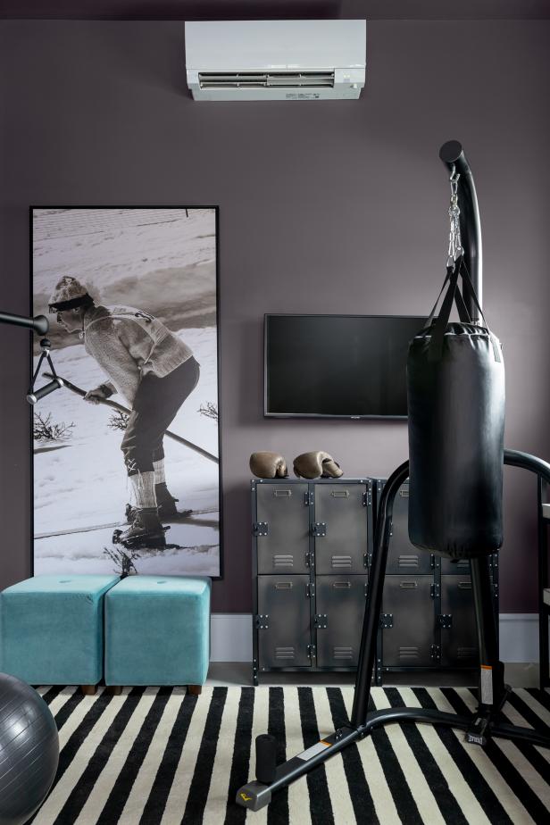 Punching Bag in Front of Storage Lockers in Home Gym