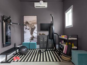 Purple-Gray Home Gym With Cutting-Edge Equipment