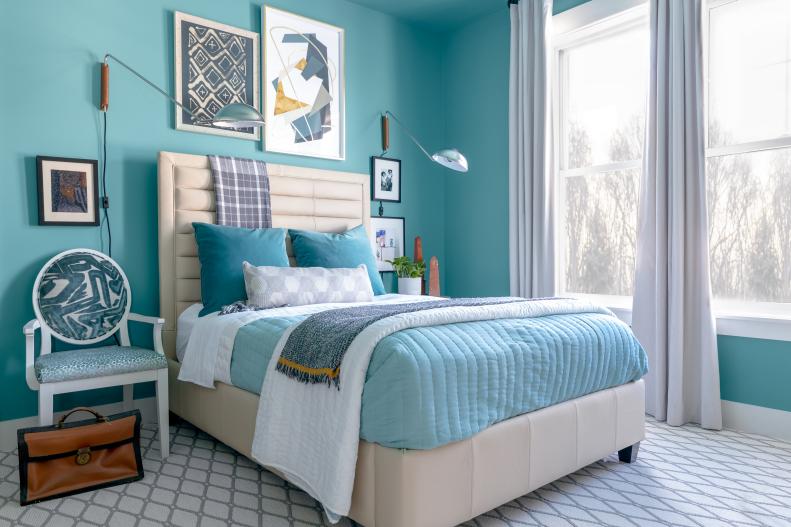 Blue Transitional Guest Bedroom Has Cool, Relaxing Ambiance