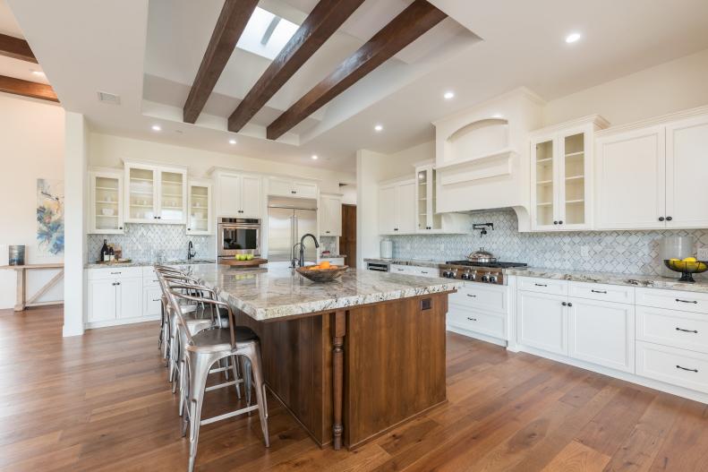 Contemporary Kitchen With Exposed Beams, Seating at Granite Island