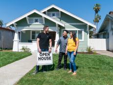 As seen on Flipping 101, house flipping guru, Tarek El Moussa (L) mentors first time home flippers Victor Quinones (C) and Deanna Esqueda (R) as they prepare for the Open House of their first home flip.