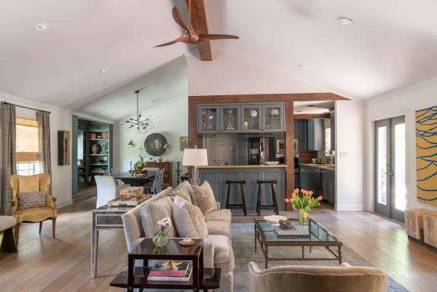 Eclectic Living Room With High Ceiling