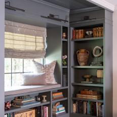 Gray Window Seat and Bookshelves