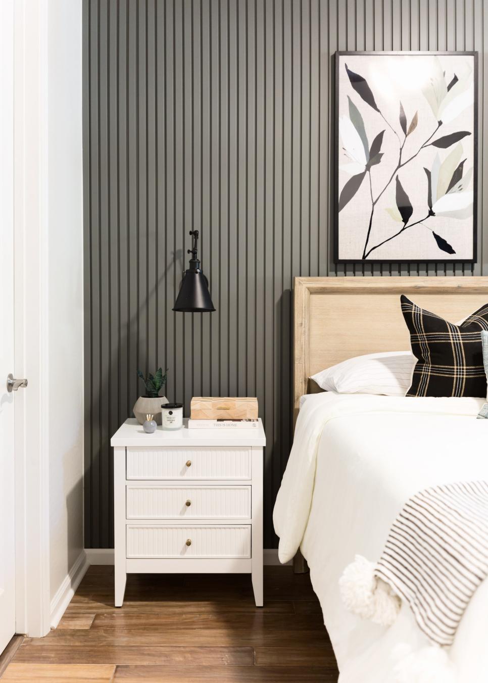 Gray Guest Bedroom With Striped Wall | HGTV