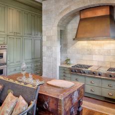 French Country Kitchen With Green Cabinets