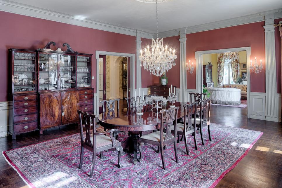 Red Traditional Dining Room With, Formal Dining Room Crystal Chandeliers