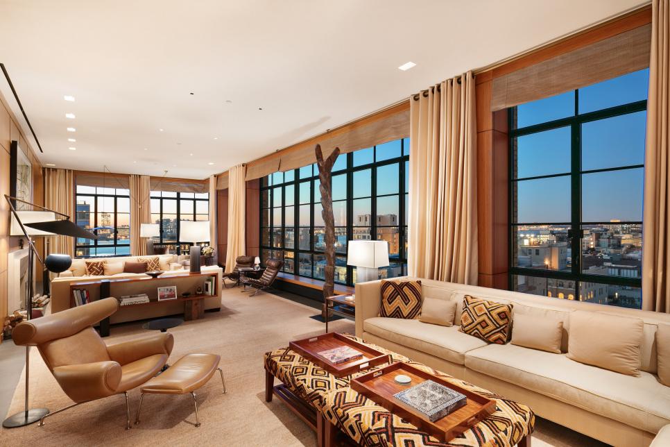 Penthouse Living Room, Lots of Seating, Wall of Windows, Sunset Views