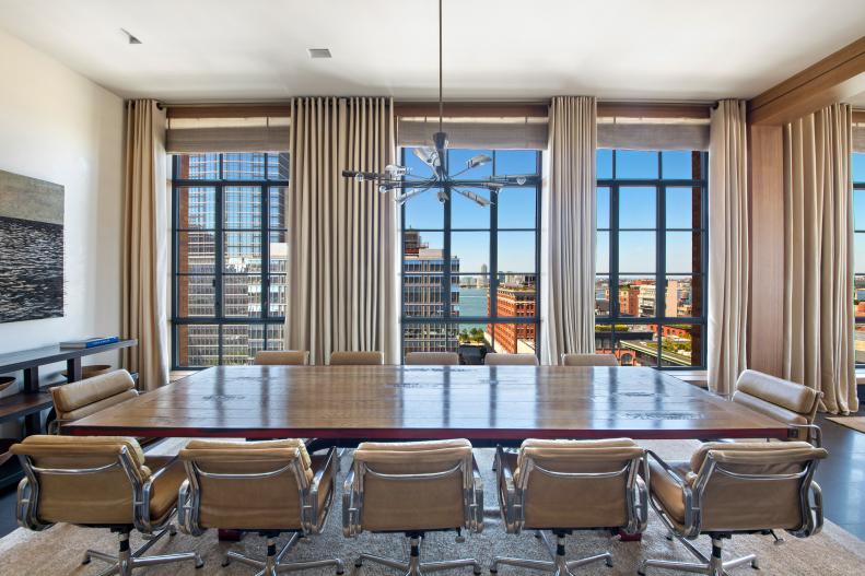 City View from Dining Room With Massive Table and 12 Leather Chairs