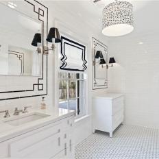 Black and White Bathroom With Graphic Pendant