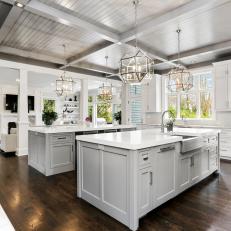 Kitchen With Two Islands and Farmhouse Sink
