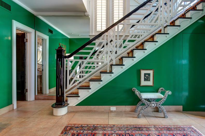Modern Stairs With Ornate Details, Handrail in Green Painted Foyer