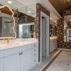 Master Bathroom With Brown and Gold Wallpaper 