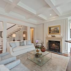 Neutral Living Room With Tray Ceiling Pattern