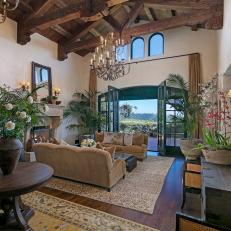 Stunning Formal Living Room in California Villa With Impressive Exposed-Beam Ceiling