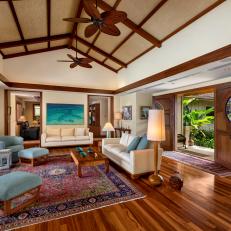 Craftsman Tropical Living Room With Vaulted Ceiling