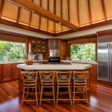 Tropical Open Plan Kitchen With Vaulted Ceiling