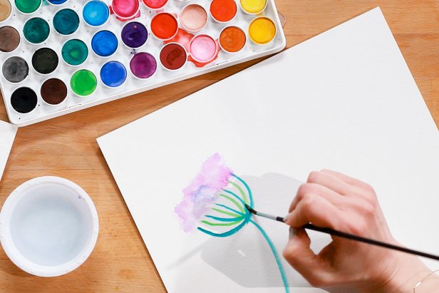 Painting Green Stems on Purple Flower 