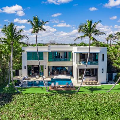 White Modern Beach House and Backyard