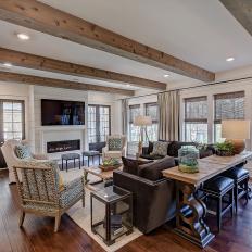Modern Farmhouse Formal Living Room With Exposed Wood Beams
