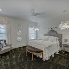 White Farmhouse Bedroom With Contrasting Dark Carpet