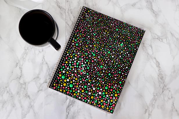 Black Notebook with White, Green, Yellow and Pink Puffy Paint Dots 