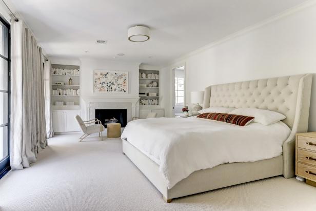 Neutral Master Bedroom With Fireplace and Built-Ins | HGTV