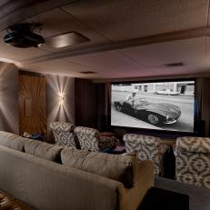 Contemporary Home Theater With Ikat Chairs