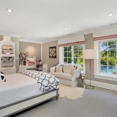 Gray Transitional Bedroom With Lake View