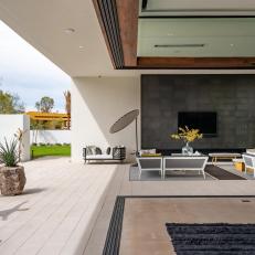 Modern Living Room and Patio With Sculpture
