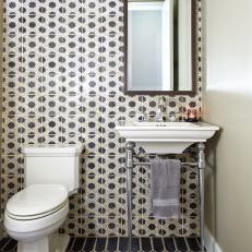Black and White Powder Room With Gray Towel