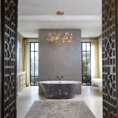 Spa Bathroom With Gray Floral Tub