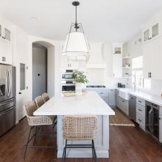 Transitional, White Kitchen With Hardwood Flooring