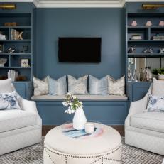 Blue Transitional Living Room With Bench