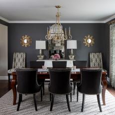Gray Transitional Dining Room With Brass Mirrors
