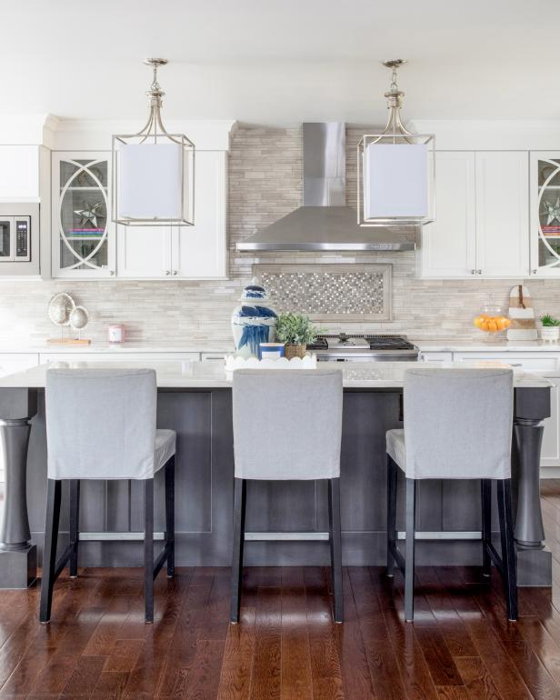 White Transitional Kitchen With Gray Island | HGTV