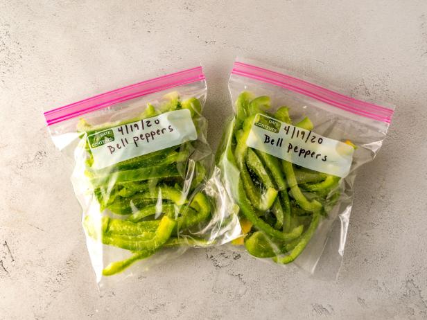 Sliced frozen bell peppers in storage bags