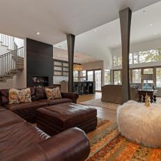 Contemporary Great Room With Furry Pouf