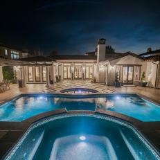 Outdoor Entertainment Area With Pool and Hot Tub