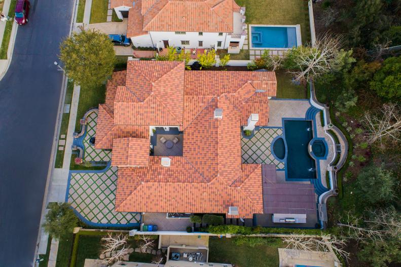 Drone View of Mediterranean-Style Home, Terra Cotta Roof, Pool 