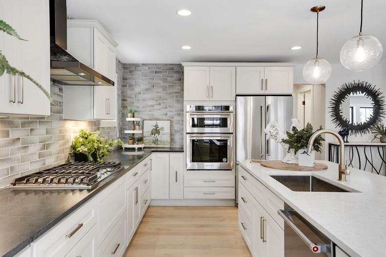 White Open-Concept Kitchen With Double Oven 