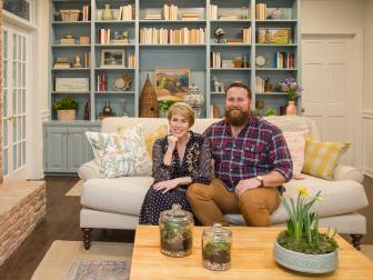 As seen on Home Town, the Keith residence has been fully renovated by Ben and Erin Napier. The den now features updated shelving and hardwood floors.