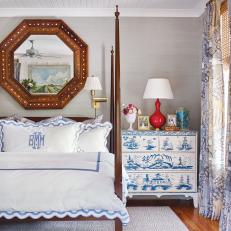 Traditional Master Bedroom with Blue-and-White Porcelain Motif
