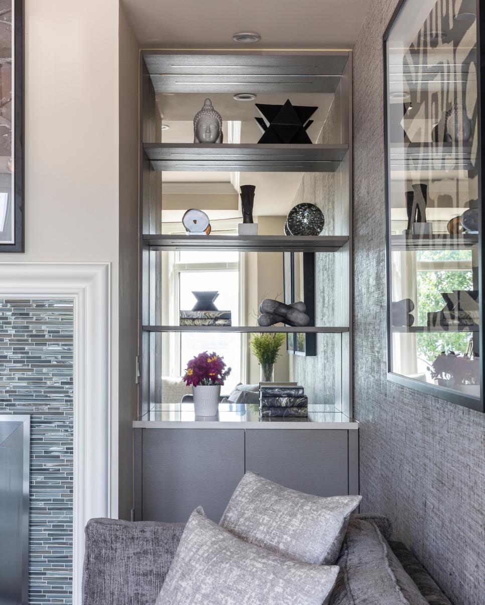 Mirrored Shelf In Gray Living Room Hgtv