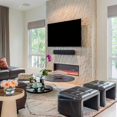 Neutral Contemporary Living Room With Leather Stools