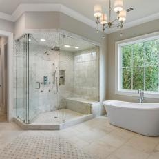 Marble Spa Bathroom With Steam Shower and Freestanding Tub